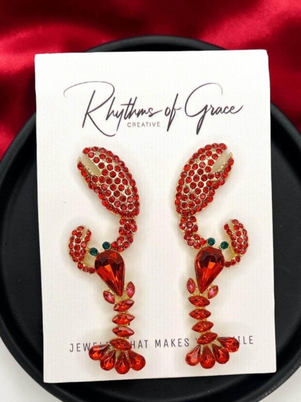Rhinestone Crawfish Earrings Red Louisiana Cajun Mardi Gras Statement NWT